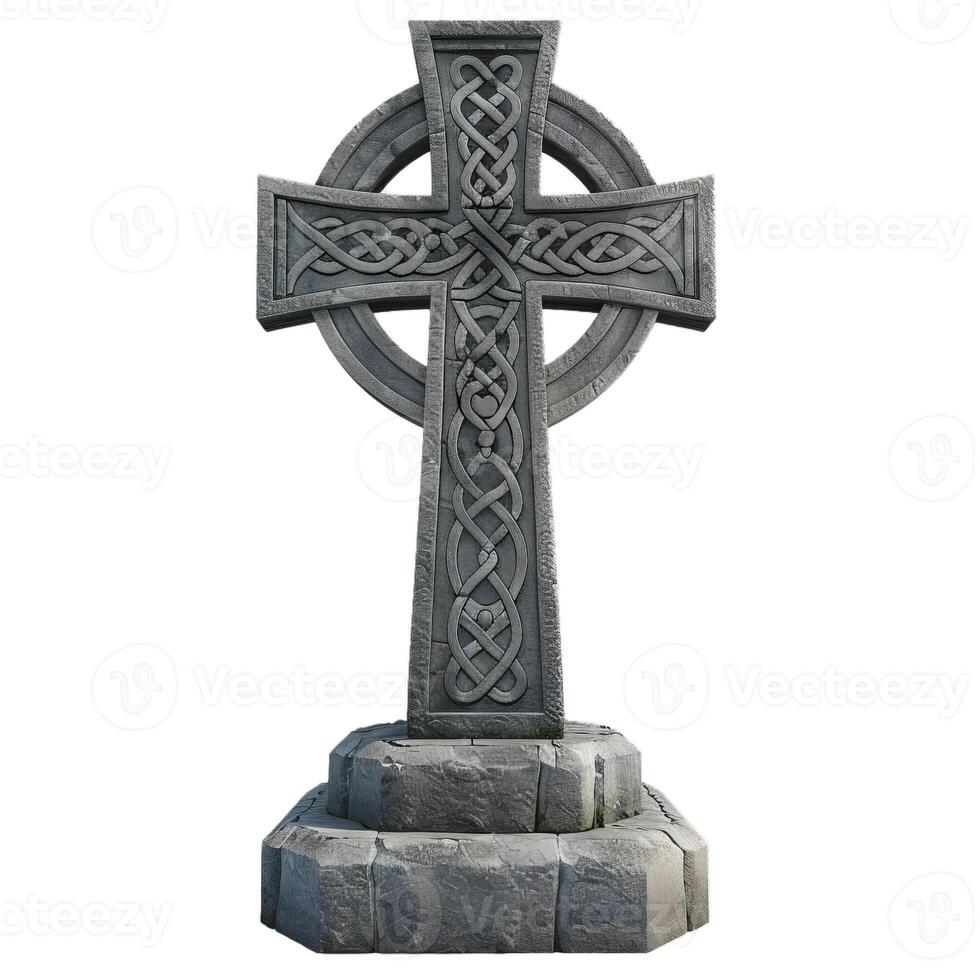 Ancient celtic cross standing on stone pedestal photo
