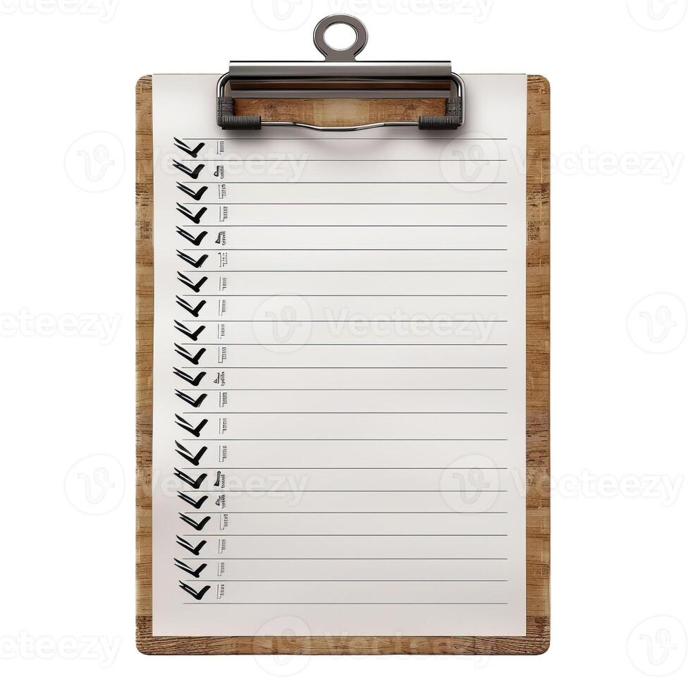 Wooden clipboard holding checklist with check marks on white background photo