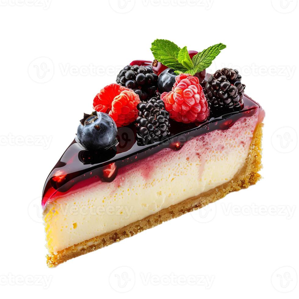 Slice of delicious cheesecake with berries and jelly topping photo