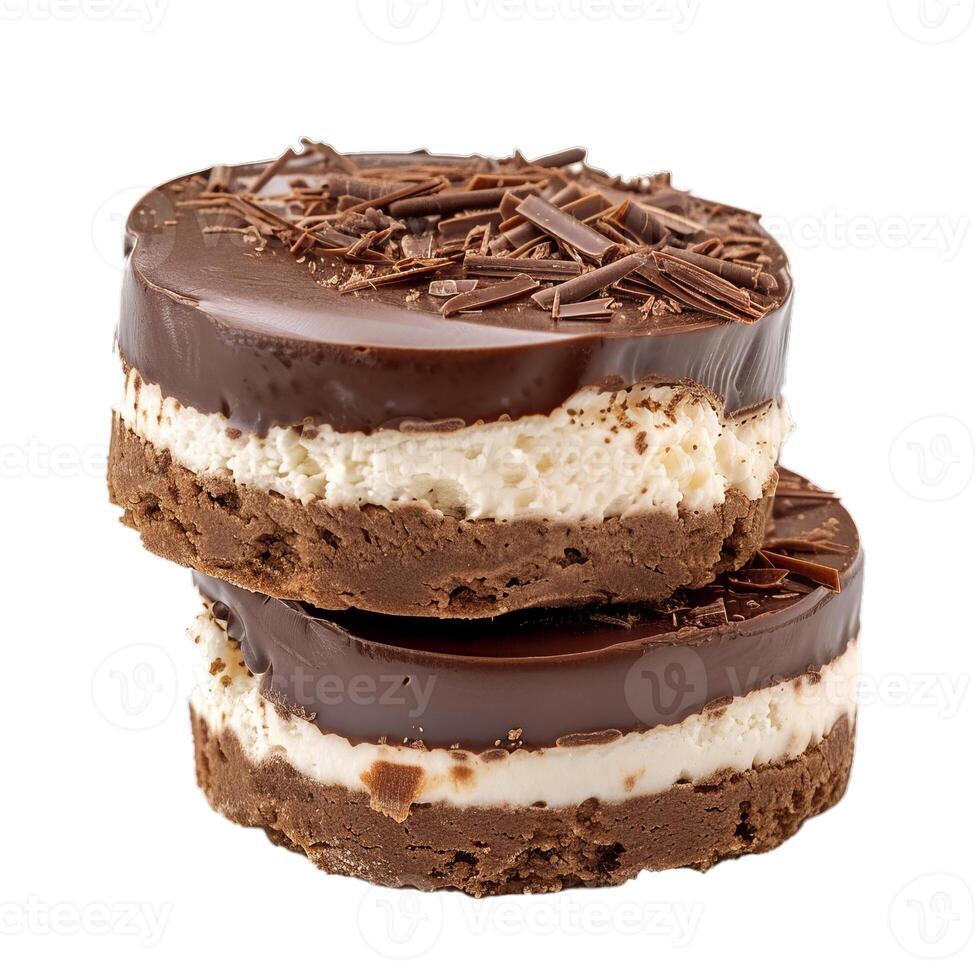Two chocolate cakes topped with chocolate shavings on a white background photo
