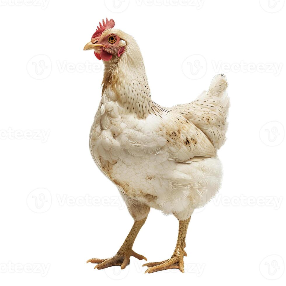 White hen standing on white background photo
