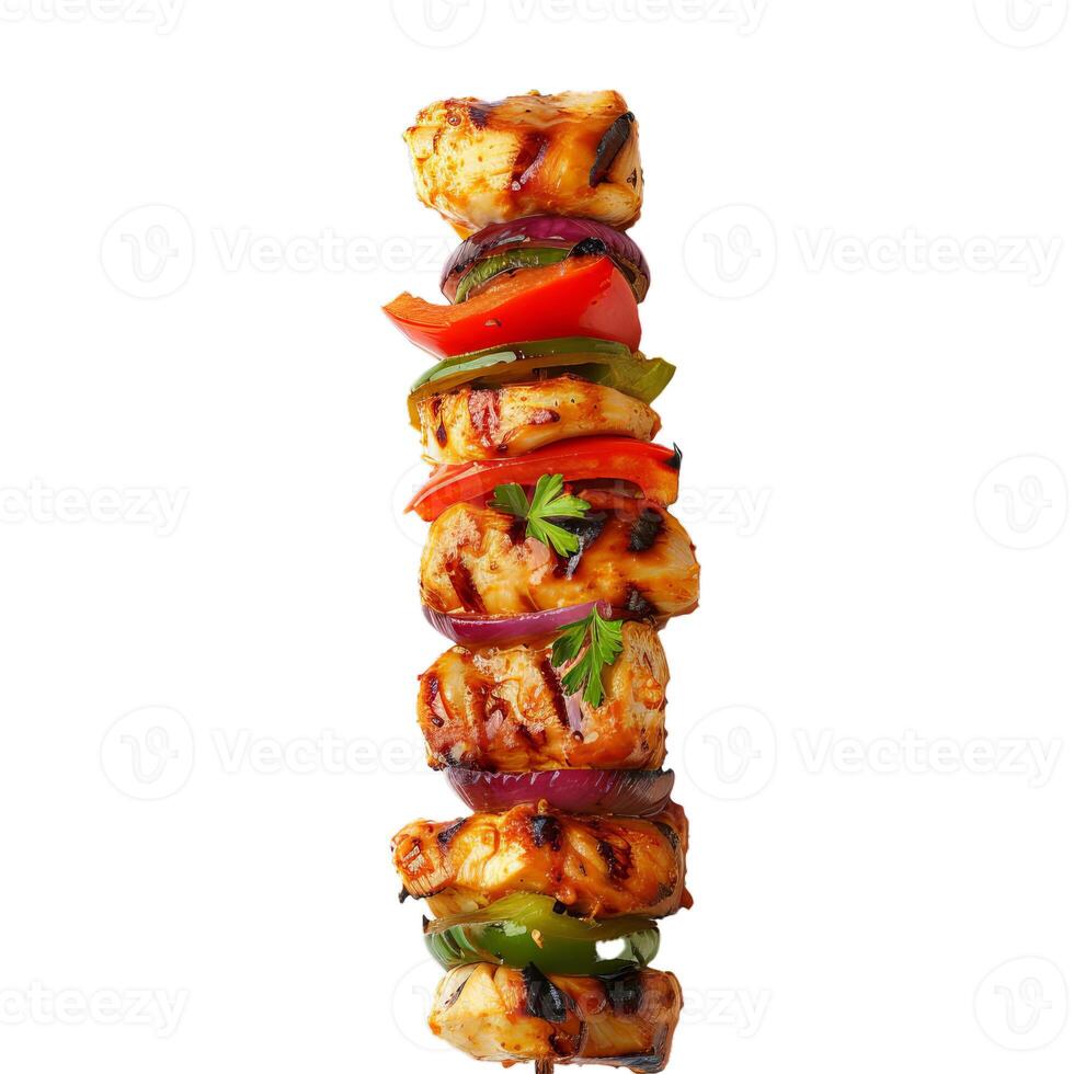 Grilled chicken kebab with red onions and bell peppers on white background photo