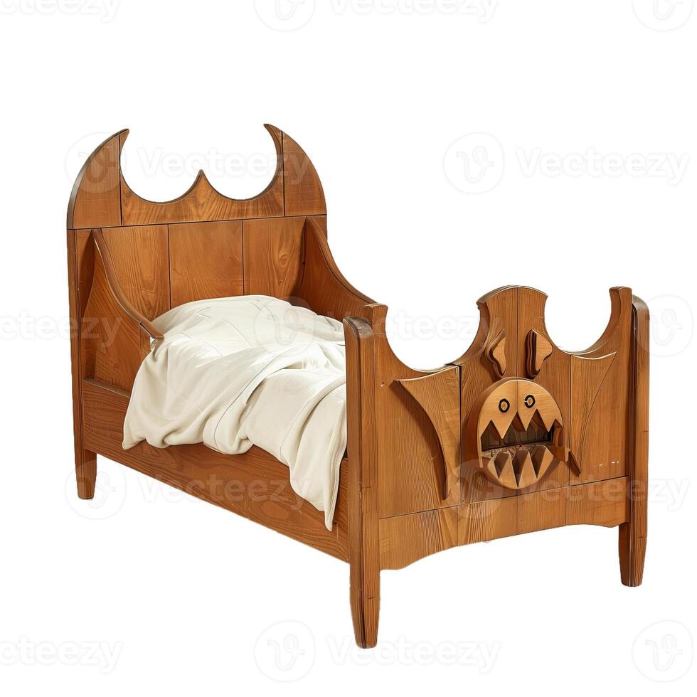 Wooden monster bed standing on white background photo