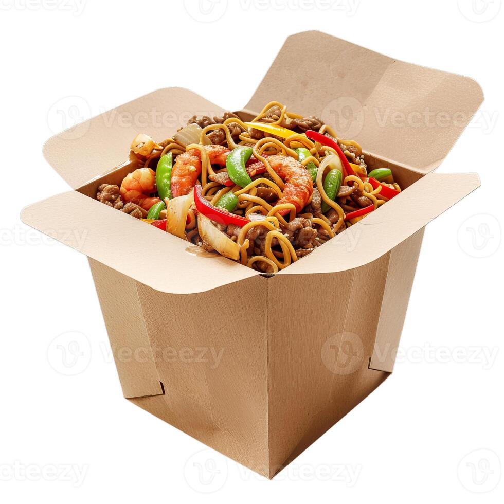 Wok with shrimps, meat and vegetables in a box, isolated on white background photo