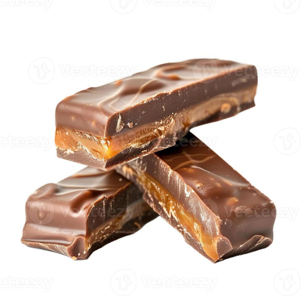 Chocolate bars with caramel filling making a stack on white background photo