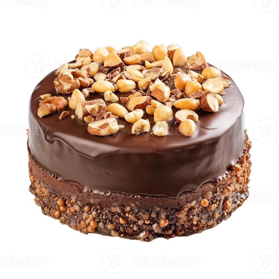 Delicious chocolate cake with hazelnuts and almonds on white background photo