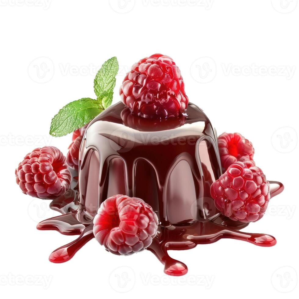 Chocolate dessert with melted chocolate sauce dripping and fresh raspberries photo