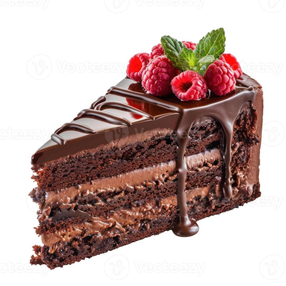 Chocolate cake slice with chocolate drizzle and raspberries on top photo