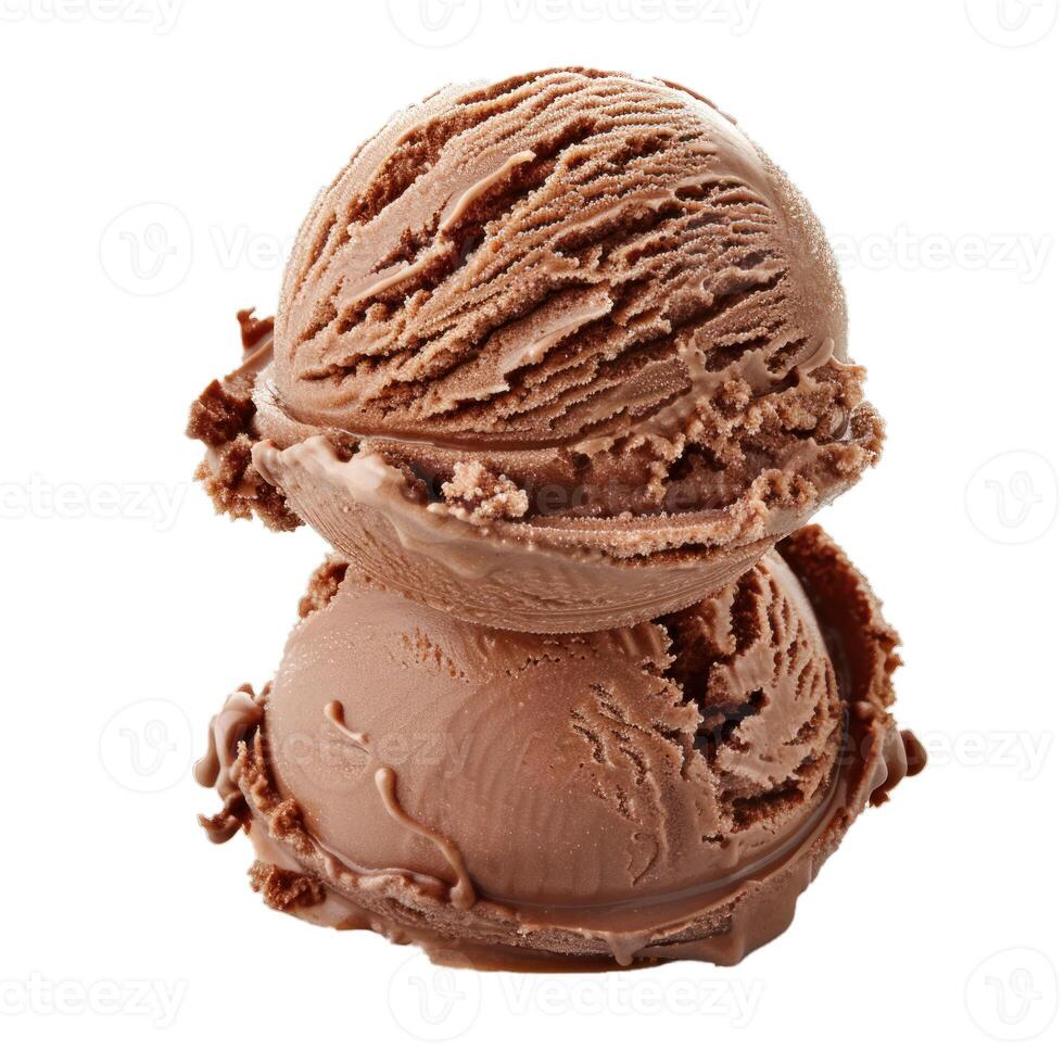 Two scoops of chocolate ice cream melting on white background photo