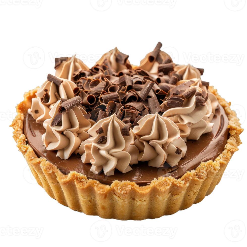 Chocolate pie topped with chocolate chips and cream peaks is waiting for the guests photo