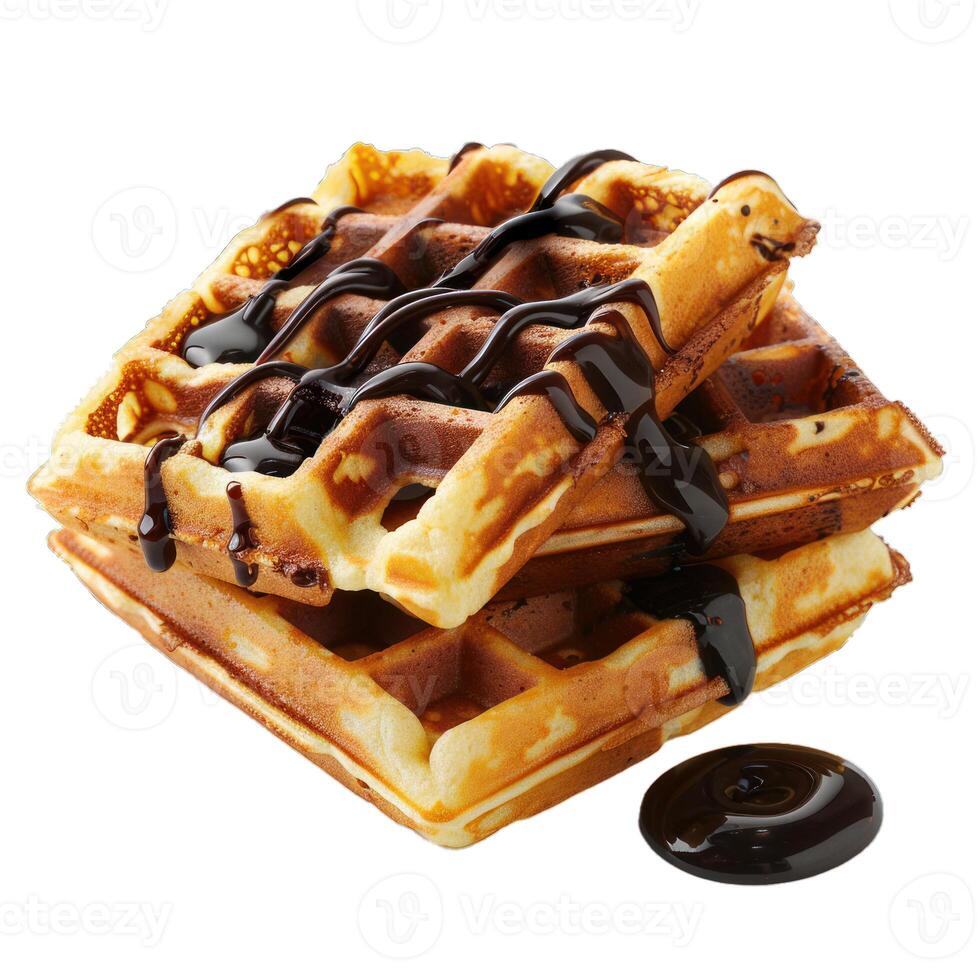 Delicious waffles with chocolate sauce are lying on top of each other photo