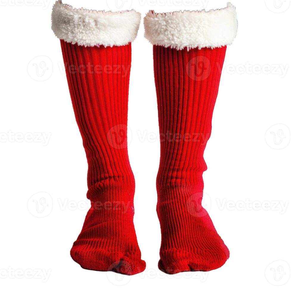 Pair of red christmas socks standing on toes photo