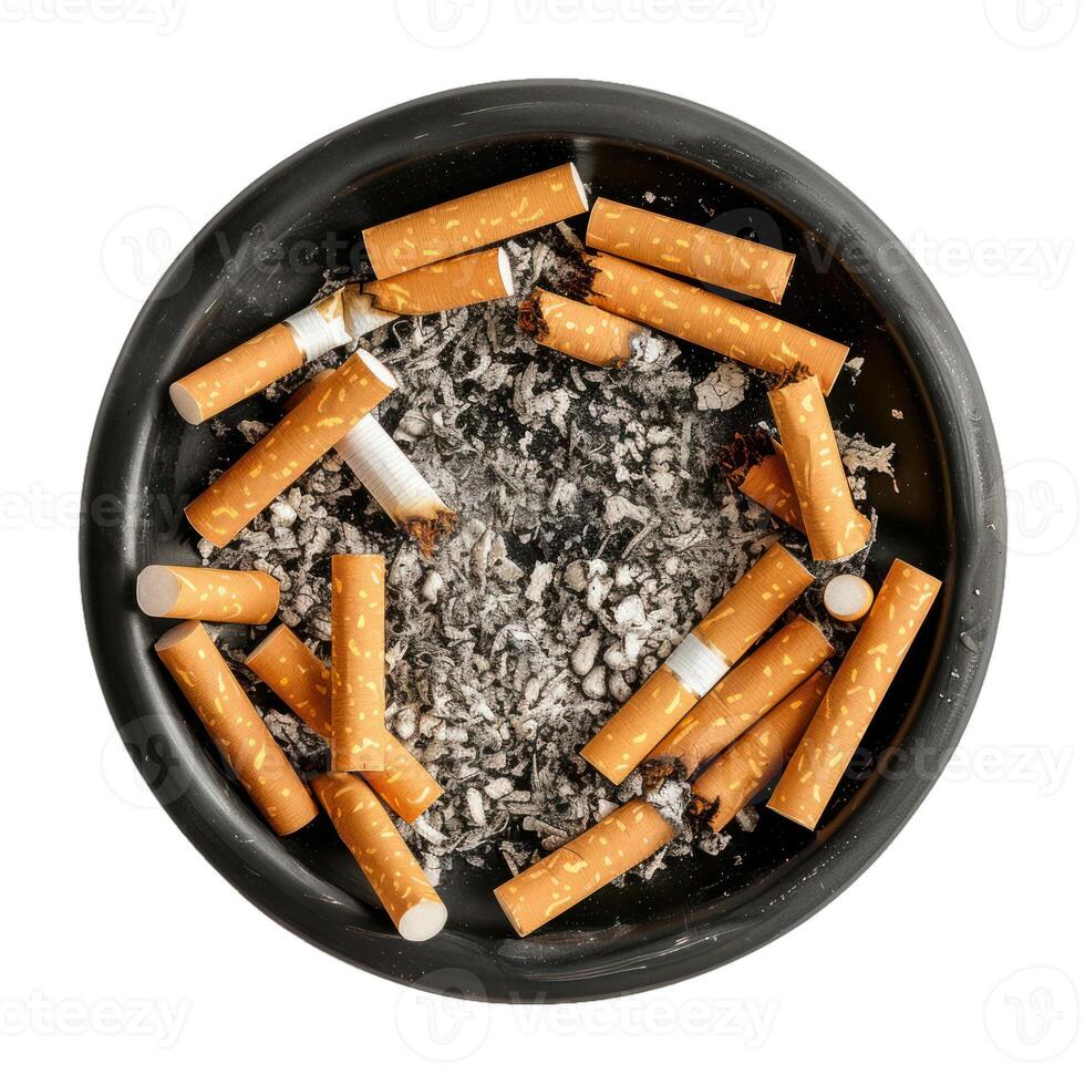 Full ashtray with many cigarette butts on white background photo