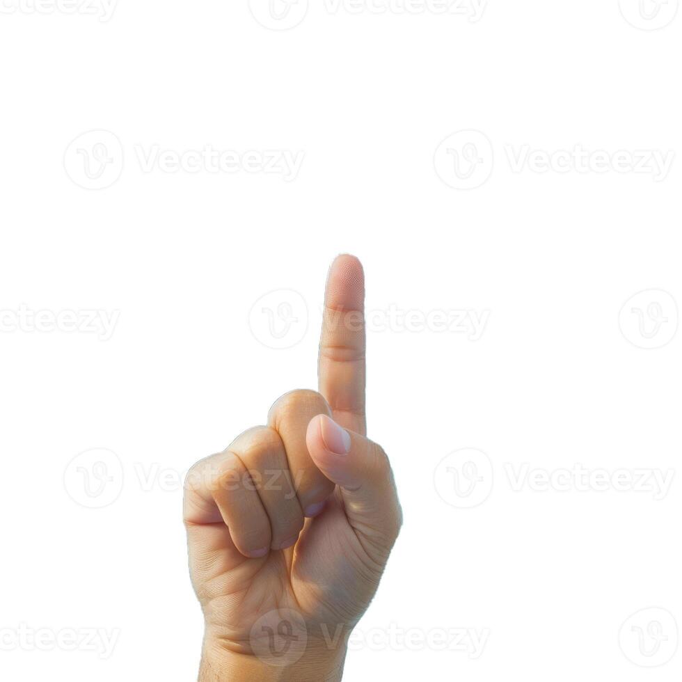 Hand pointing up with index finger on white background photo