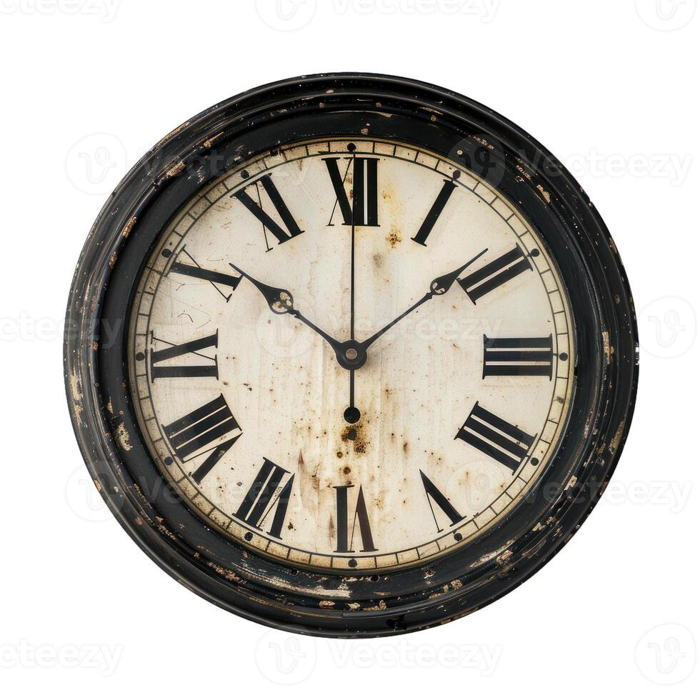 Old clock showing five minutes past twelve on white background photo
