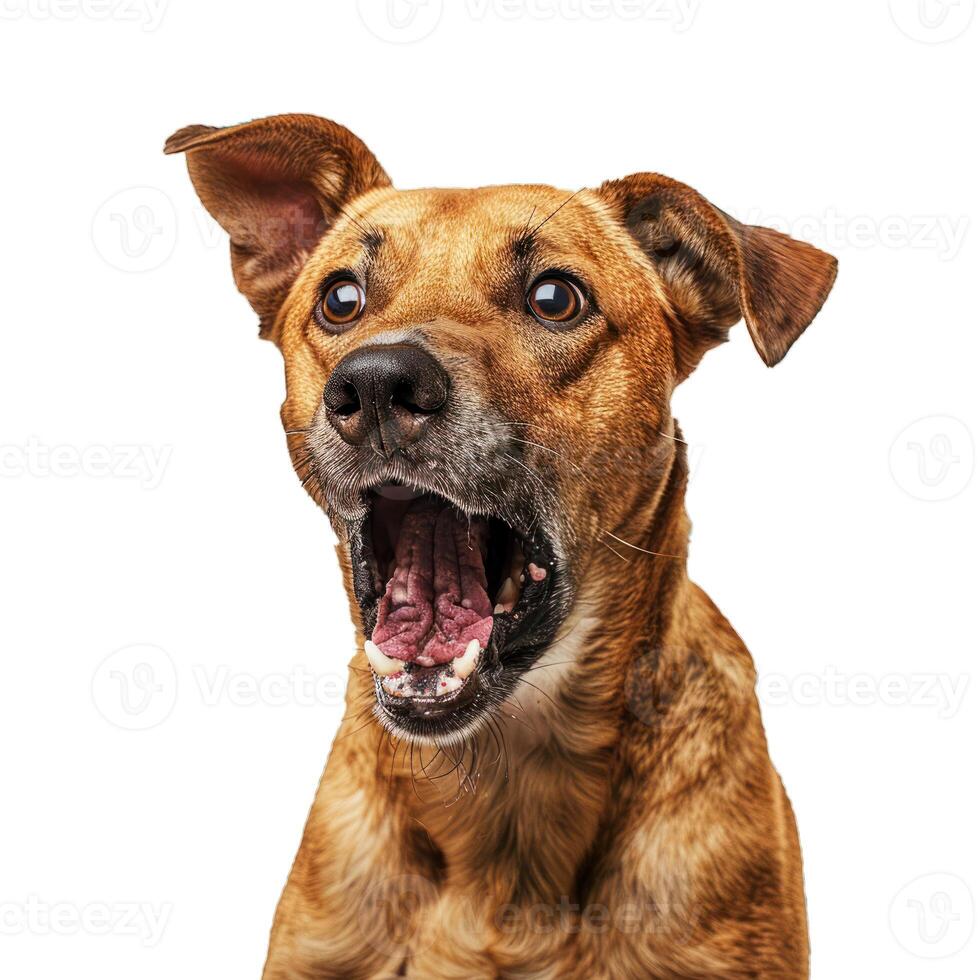 Surprised dog opening mouth wide with funny expression photo