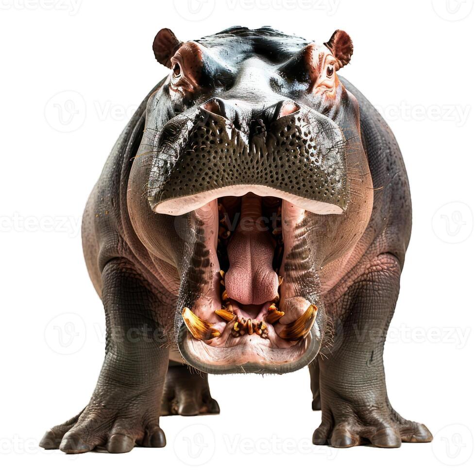 Large adult hippopotamus standing and showing huge teeth with mouth open wide photo