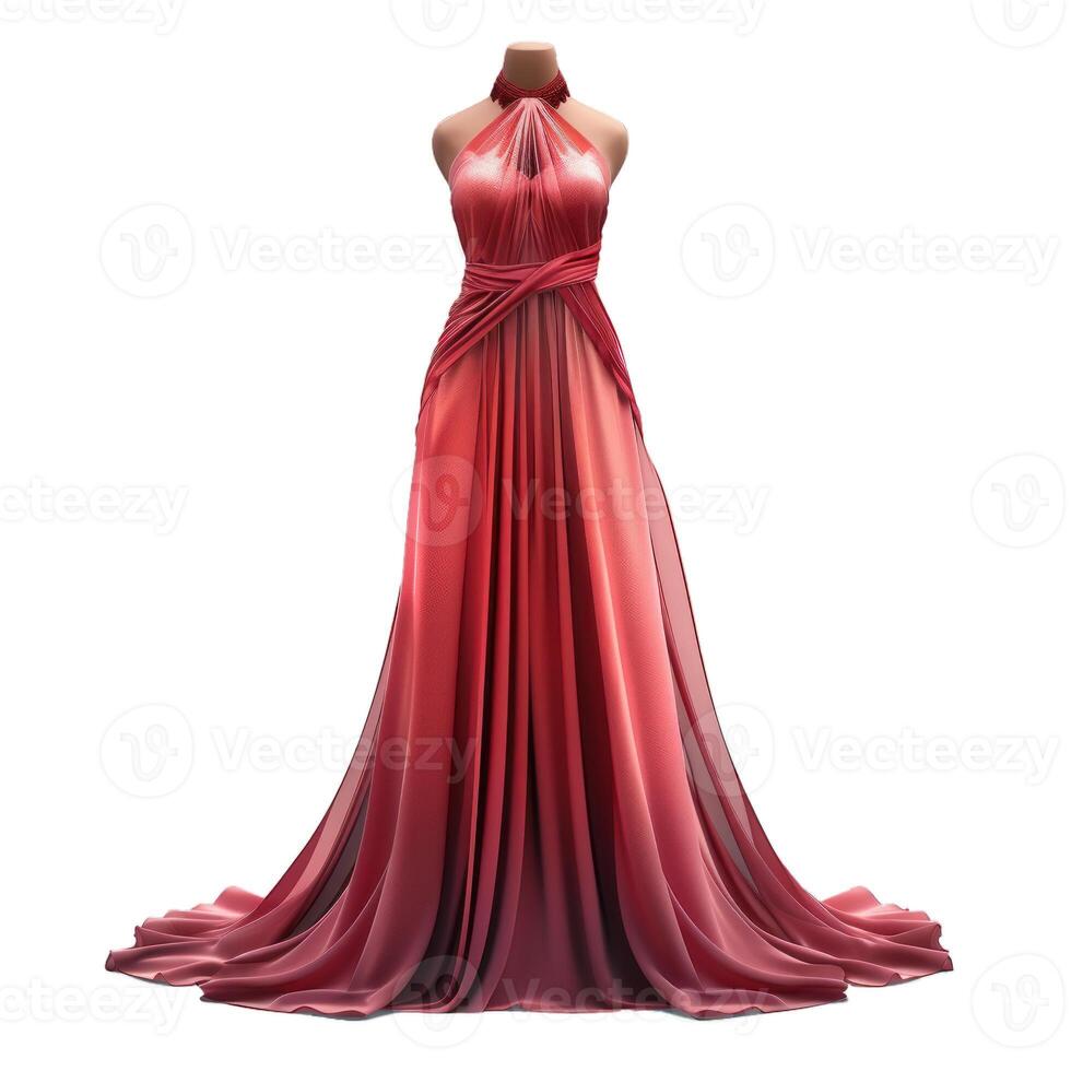 Elegant red dress on mannequin with flowing train for special occasion photo