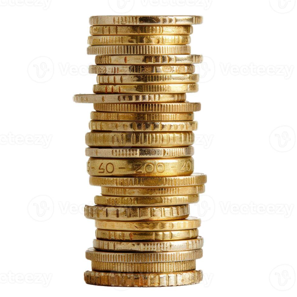 Tall stack of golden coins standing on white background photo