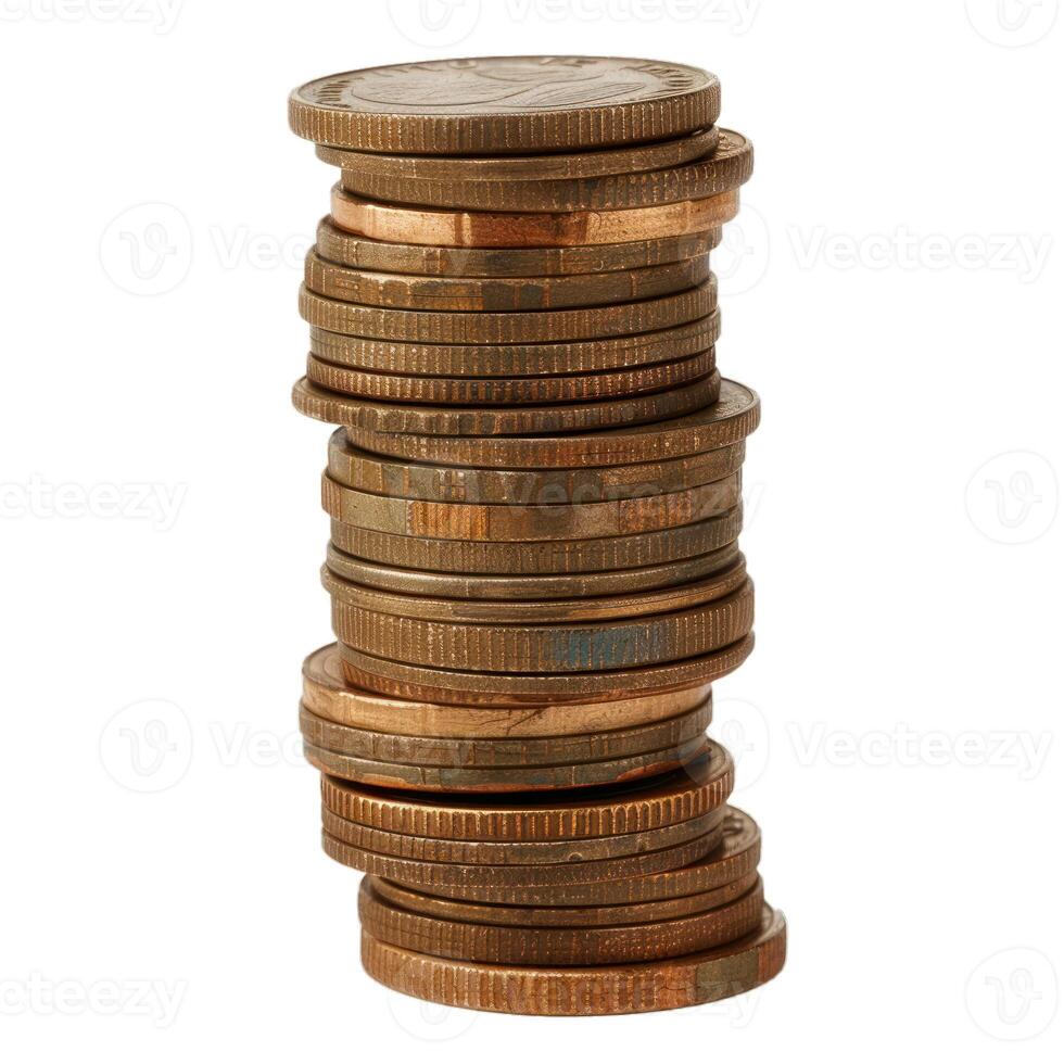 Stack of old coins creating high vertical column on white background photo