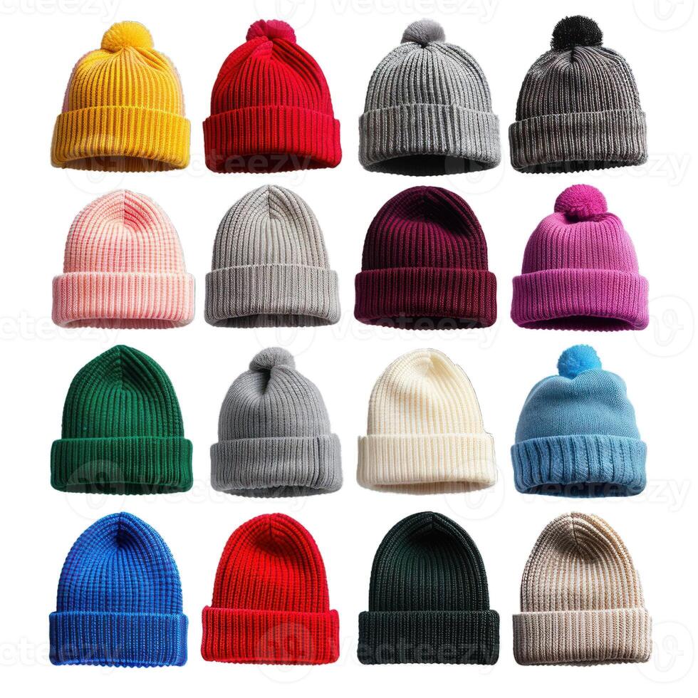 Set of colorful knitted wool winter hats with pompoms isolated on white background photo