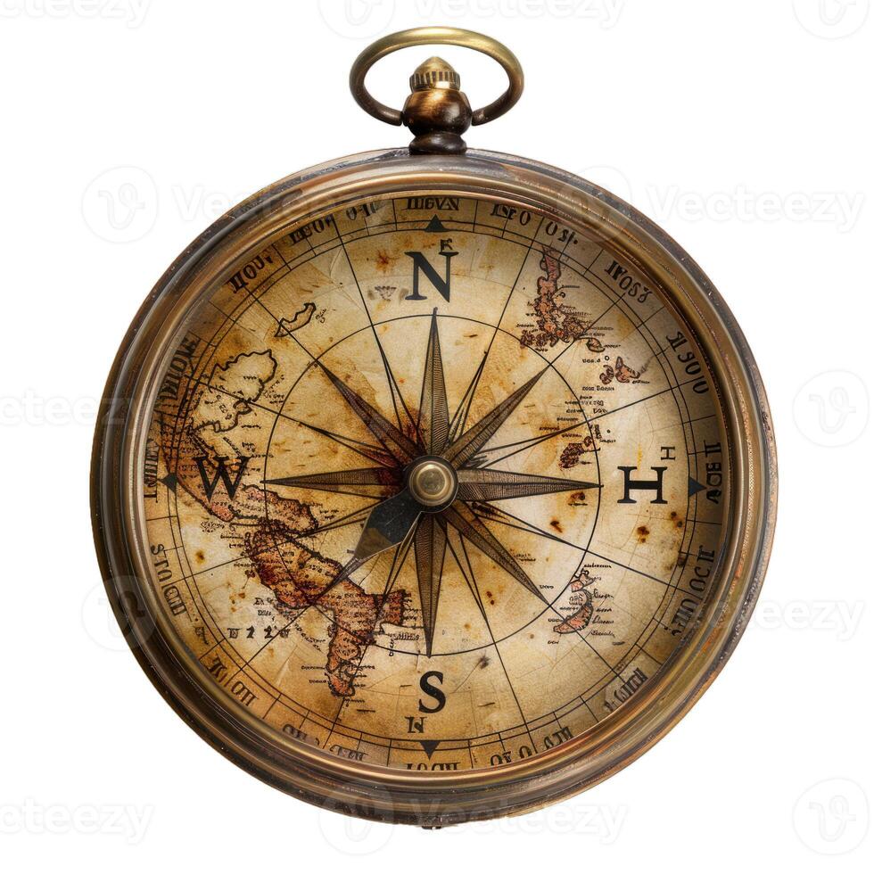 Old compass showing north direction over ancient world map photo