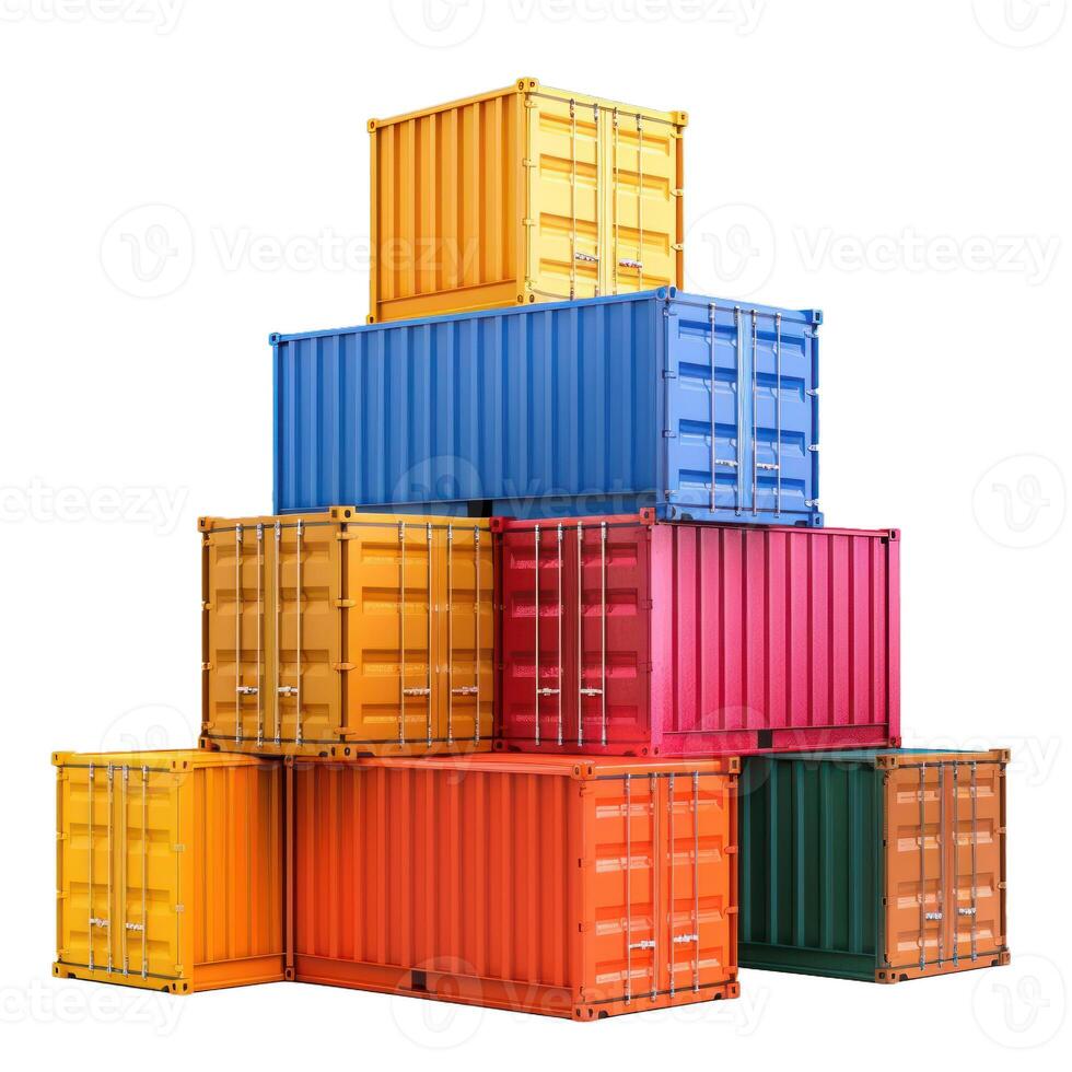 Colorful stacked cargo containers forming a pyramid on white background photo