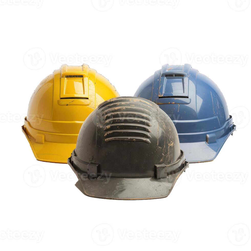 Three hard hats showing signs of wear and tear after working on construction site photo