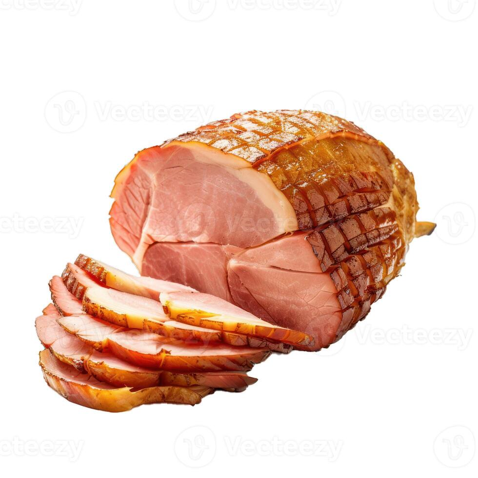 Sliced glazed ham presenting appetizing meat texture photo