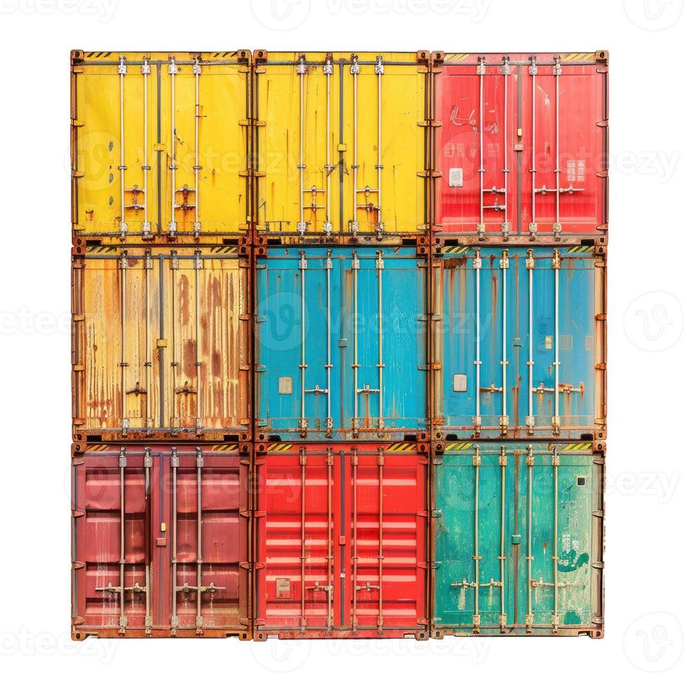 Stack of colorful shipping containers showing signs of age and wear photo
