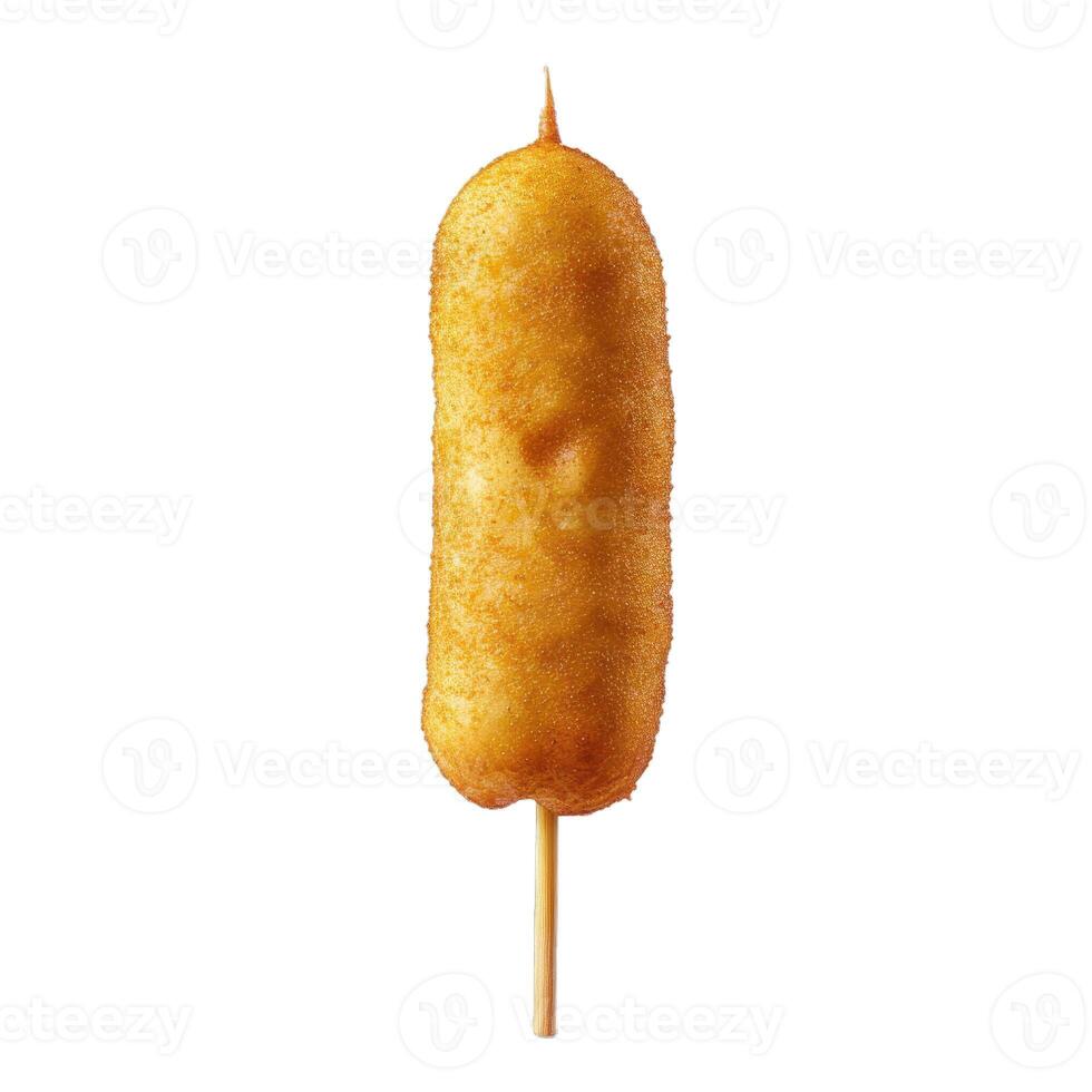 Delicious corn dog impaled on a wooden stick, isolated on white background photo