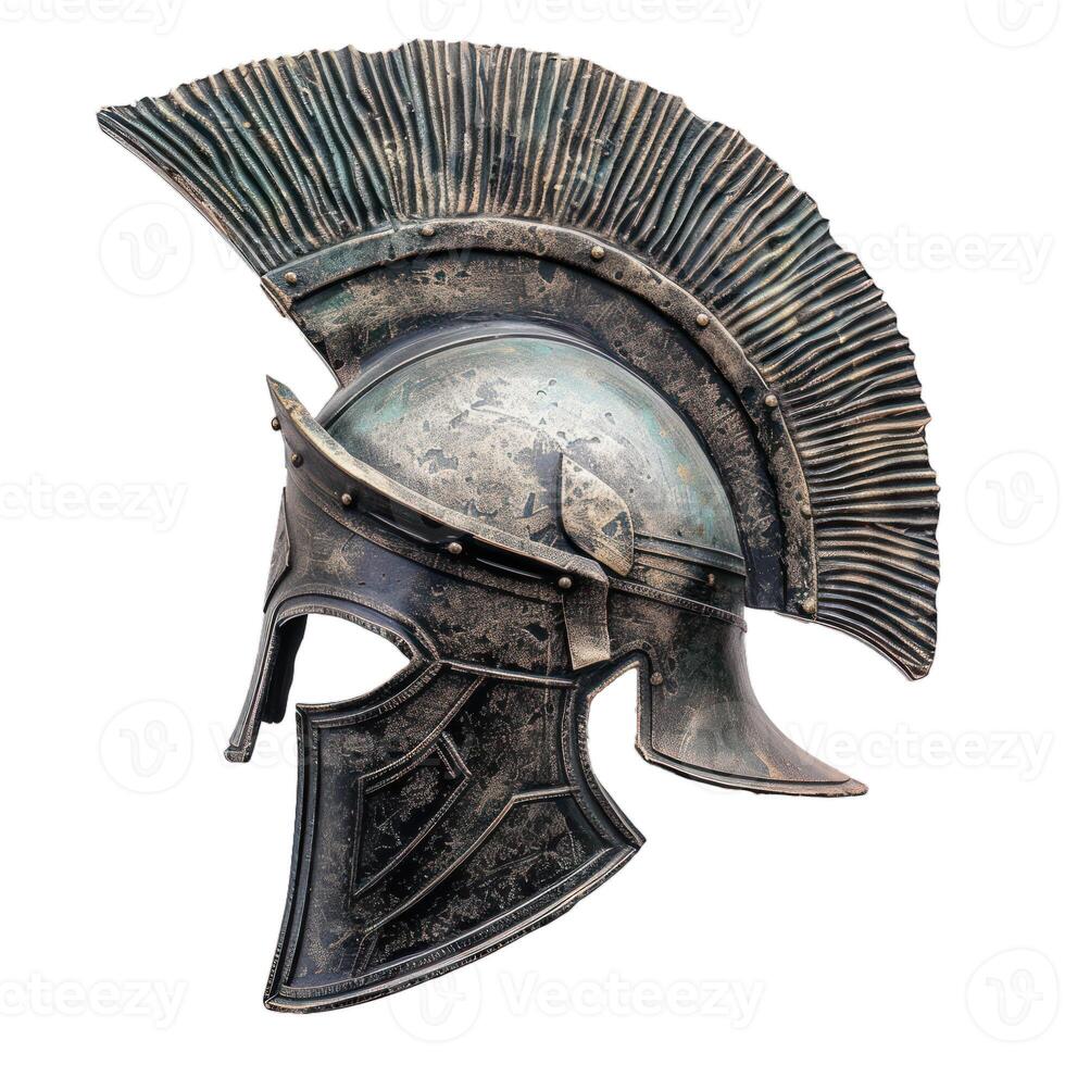 Ancient greek helmet showing battle damage on white background photo