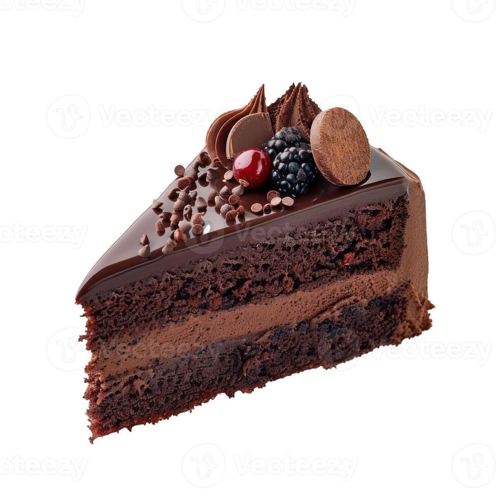 Delicious chocolate cake slice decorated with berries and chocolate chips on white background photo
