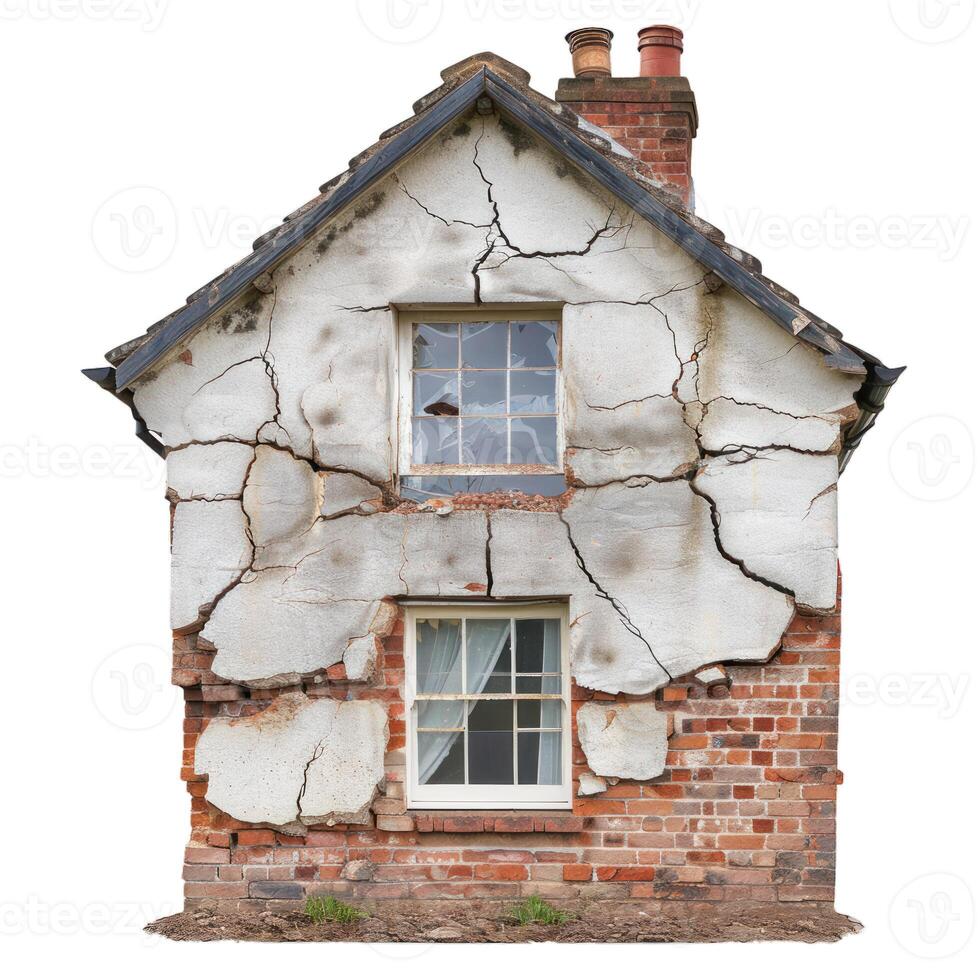 Old abandoned house showing signs of disrepair and cracking walls photo