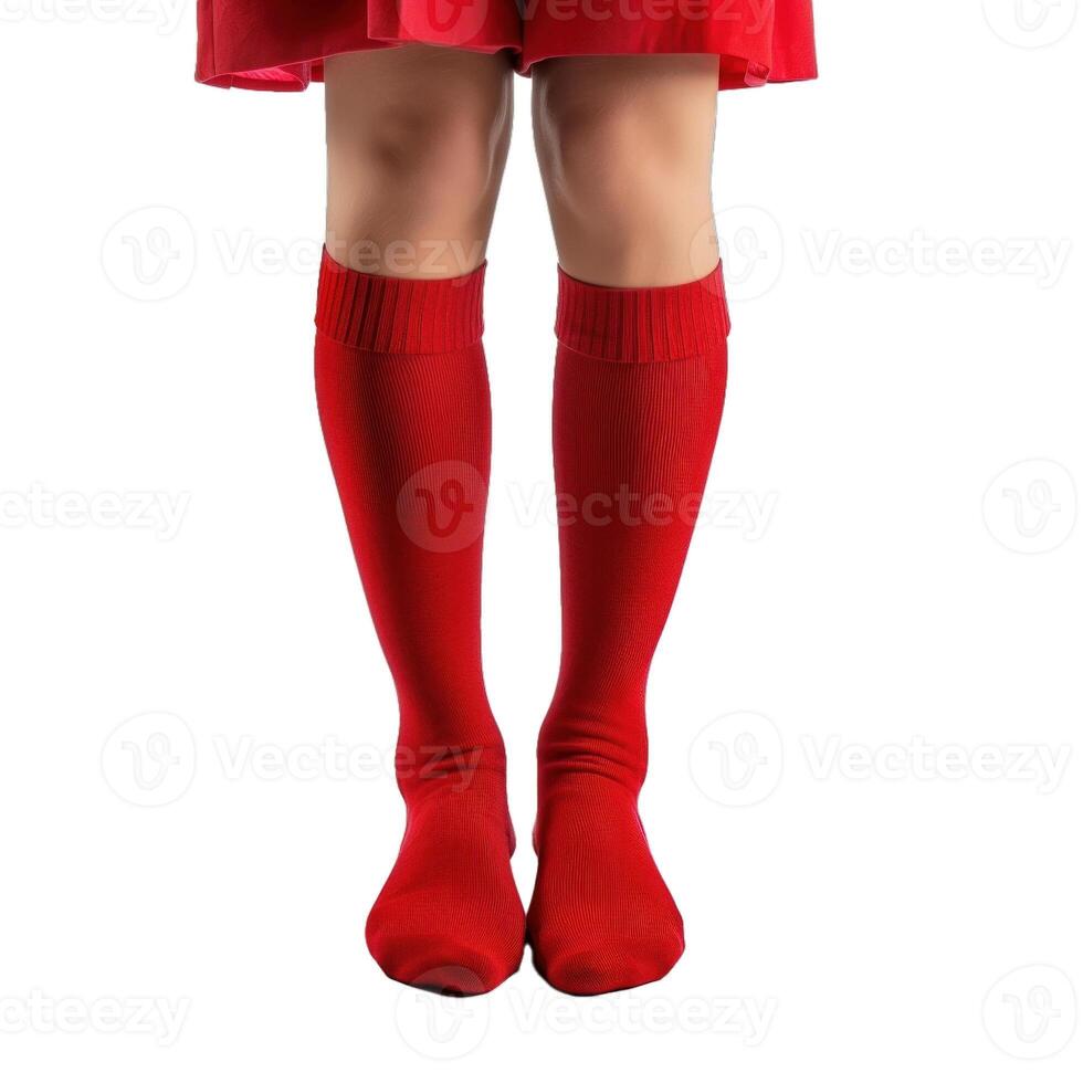 Woman wearing red socks standing on white background photo