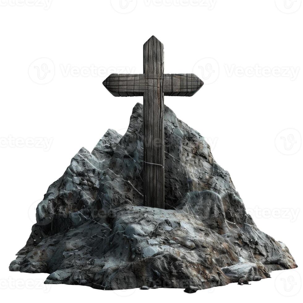 Large wooden cross standing on a rocky mountain peak photo