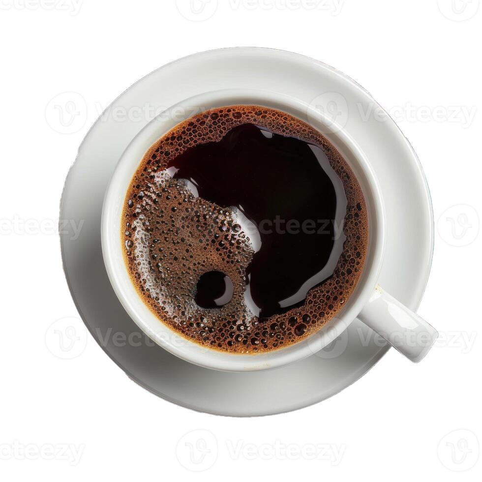 Cup of coffee standing on white background with foam bubbles photo