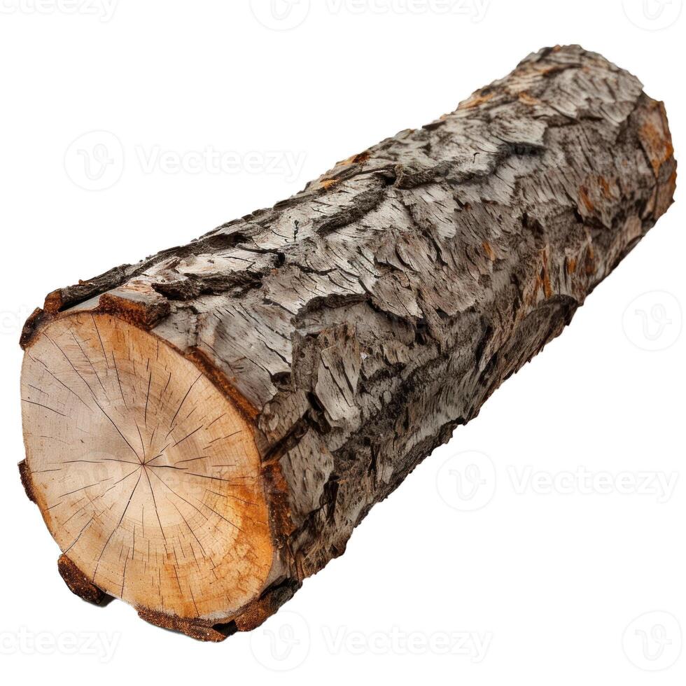 Tree log showing growth rings and rough bark isolated on white background photo