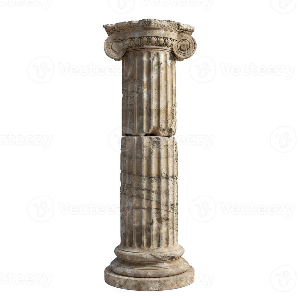Old broken fluted column standing isolated on white background photo
