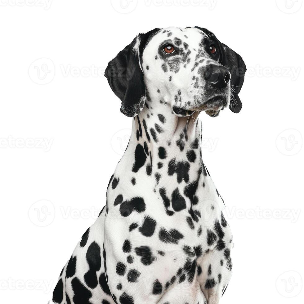 Dalmatian dog sitting and looking up with white background photo
