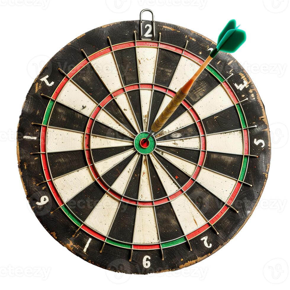 Green dart hitting the center of an old dartboard photo