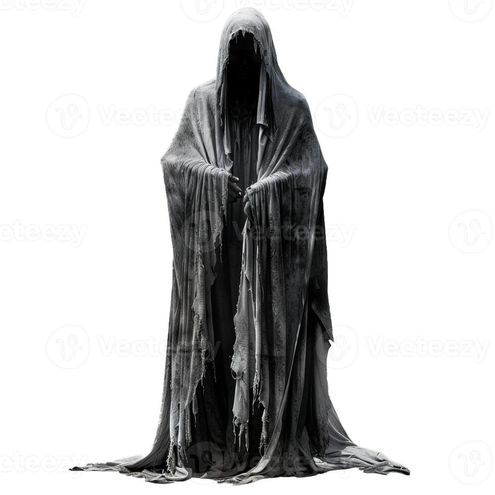 Dark stone statue wearing a hooded cloak standing isolated on white background photo
