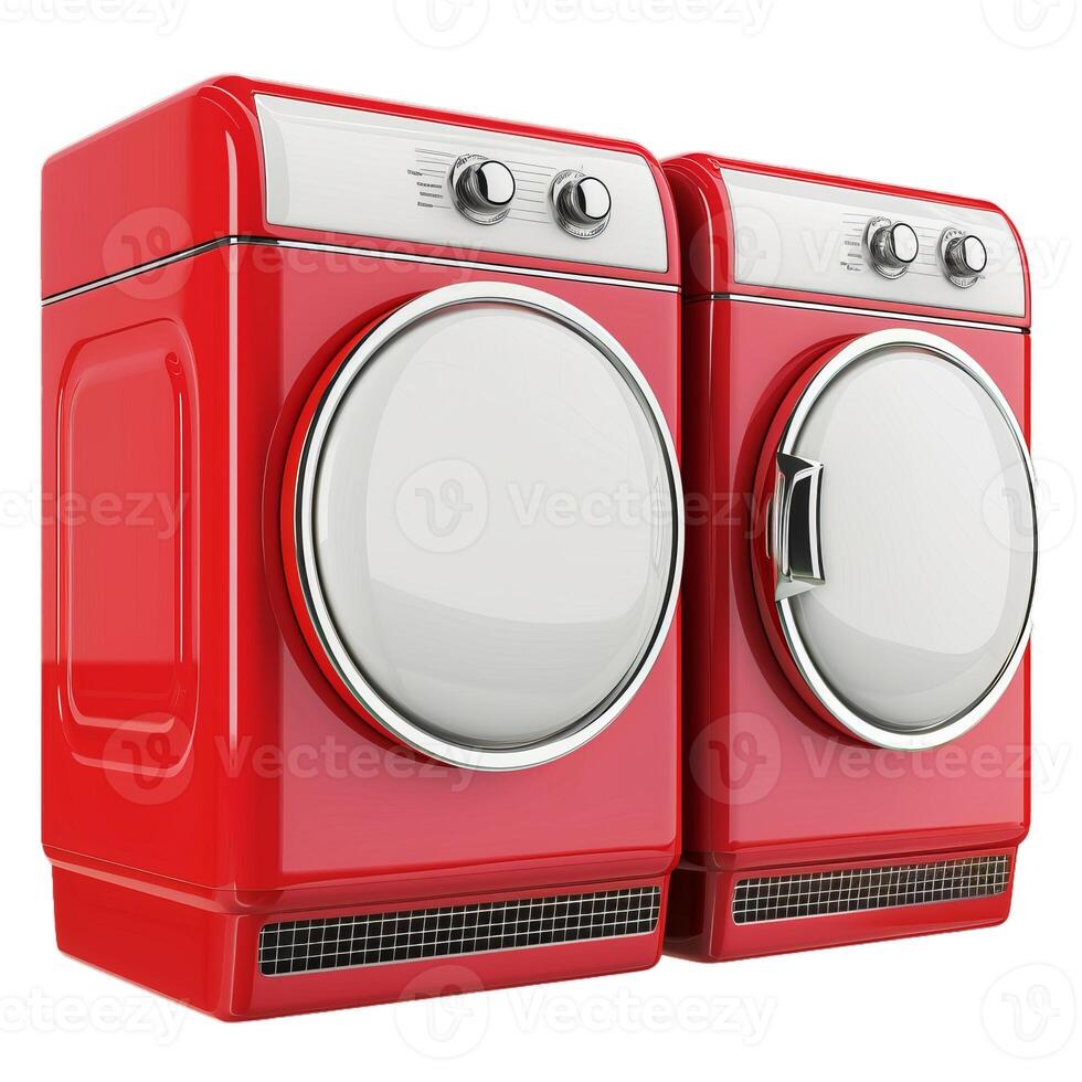 Two red retro style dryers washing machines standing on white background photo