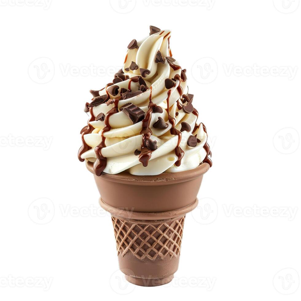 Delicious vanilla ice cream drizzled with chocolate sauce in waffle cone photo