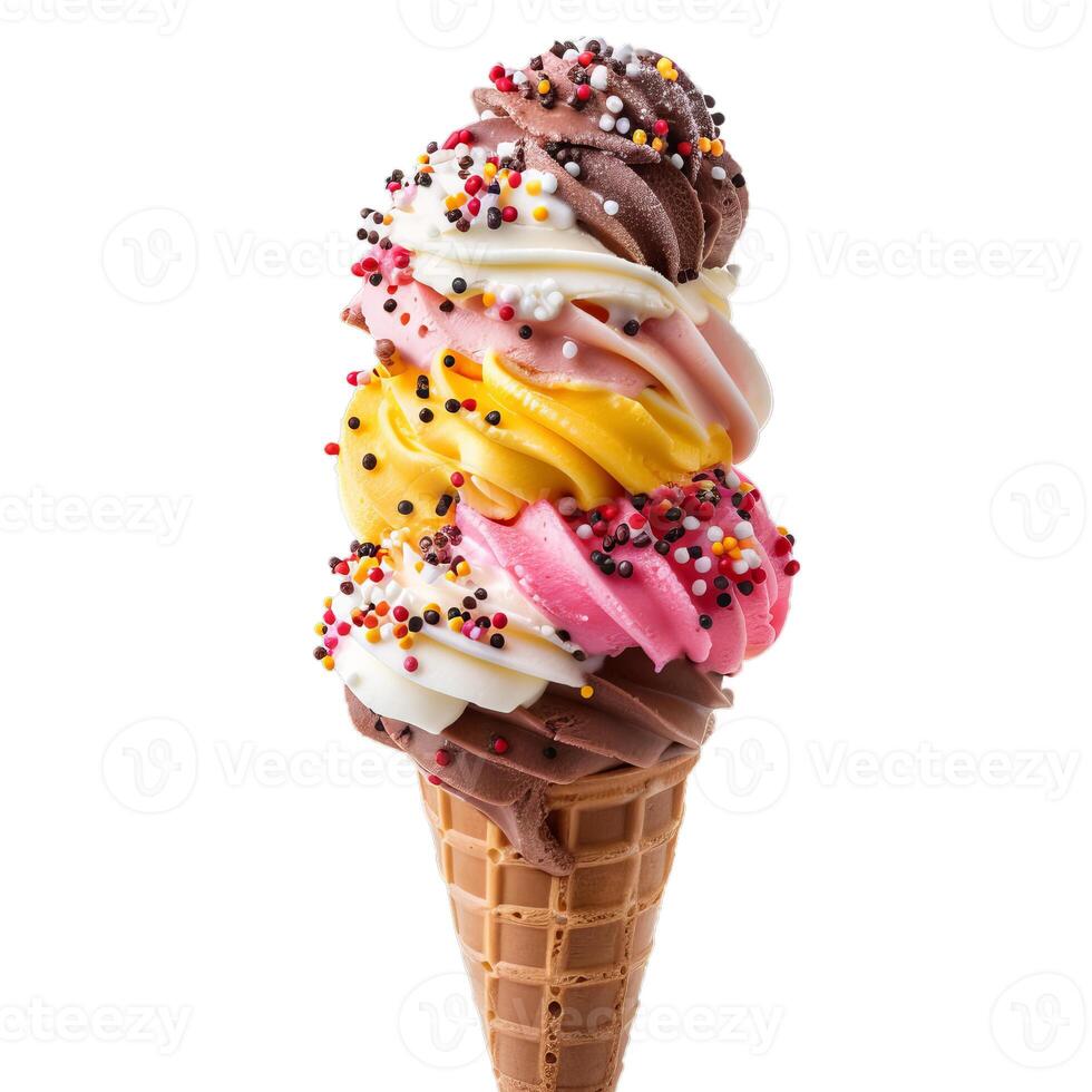 Colorful soft serve ice cream with sprinkles in waffle cone on white background photo