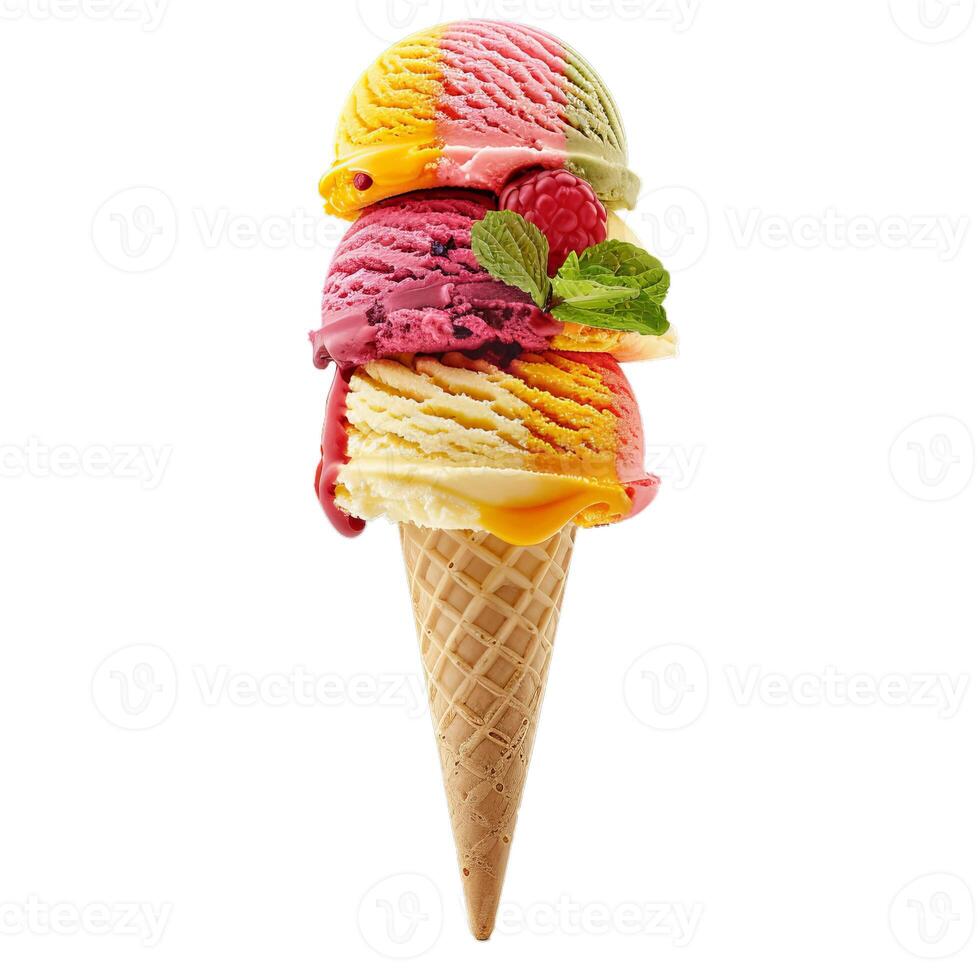 Stack of colorful ice cream scoops melting on waffle cone photo