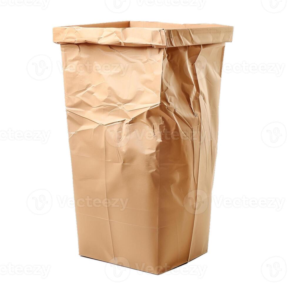 Crumpled brown paper bag standing up on white background photo