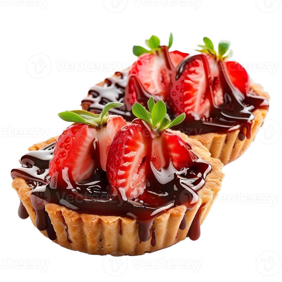 Delicious chocolate tartlets being decorated with fresh strawberries photo