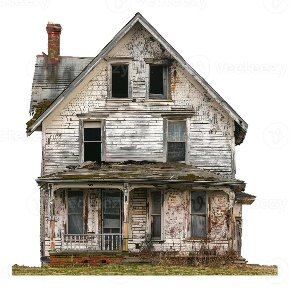 Old desolate house falling apart with boarded up windows photo
