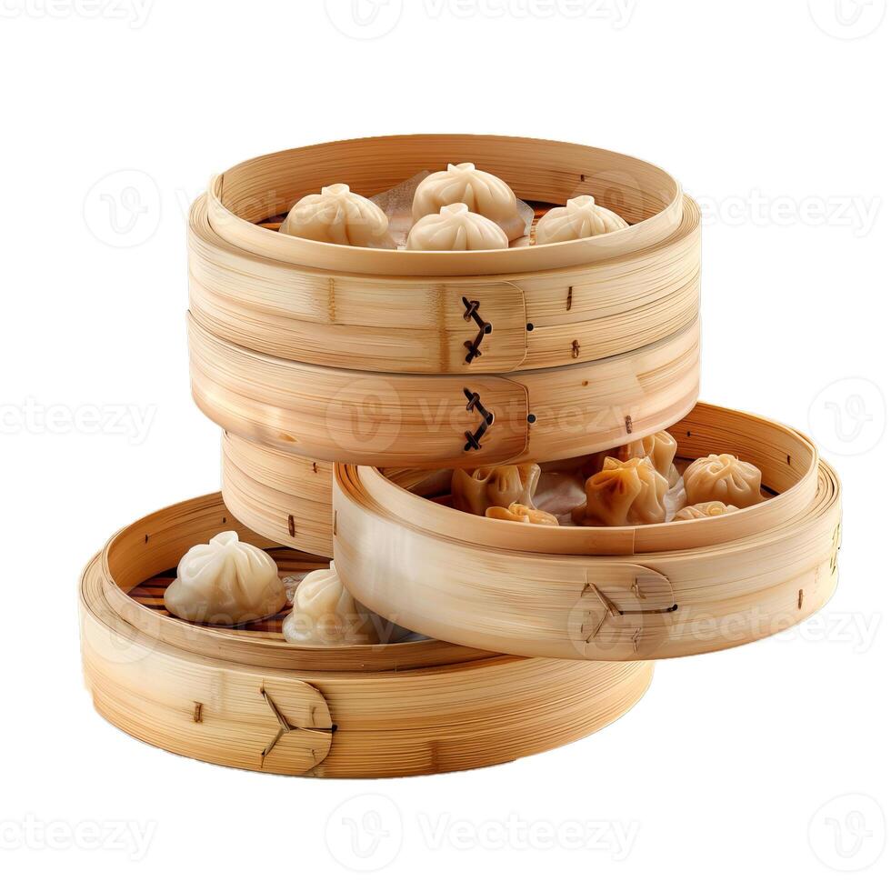 Bamboo steamer baskets holding a variety of steamed dumplings photo